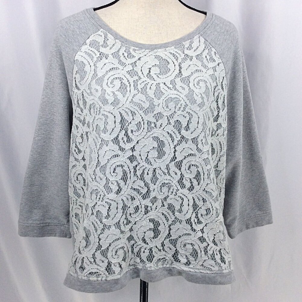 Chicos Collection 3 Lace Front Sweatshirt Womens Size XL‎ / 16 Gray 3/4 Sleeves